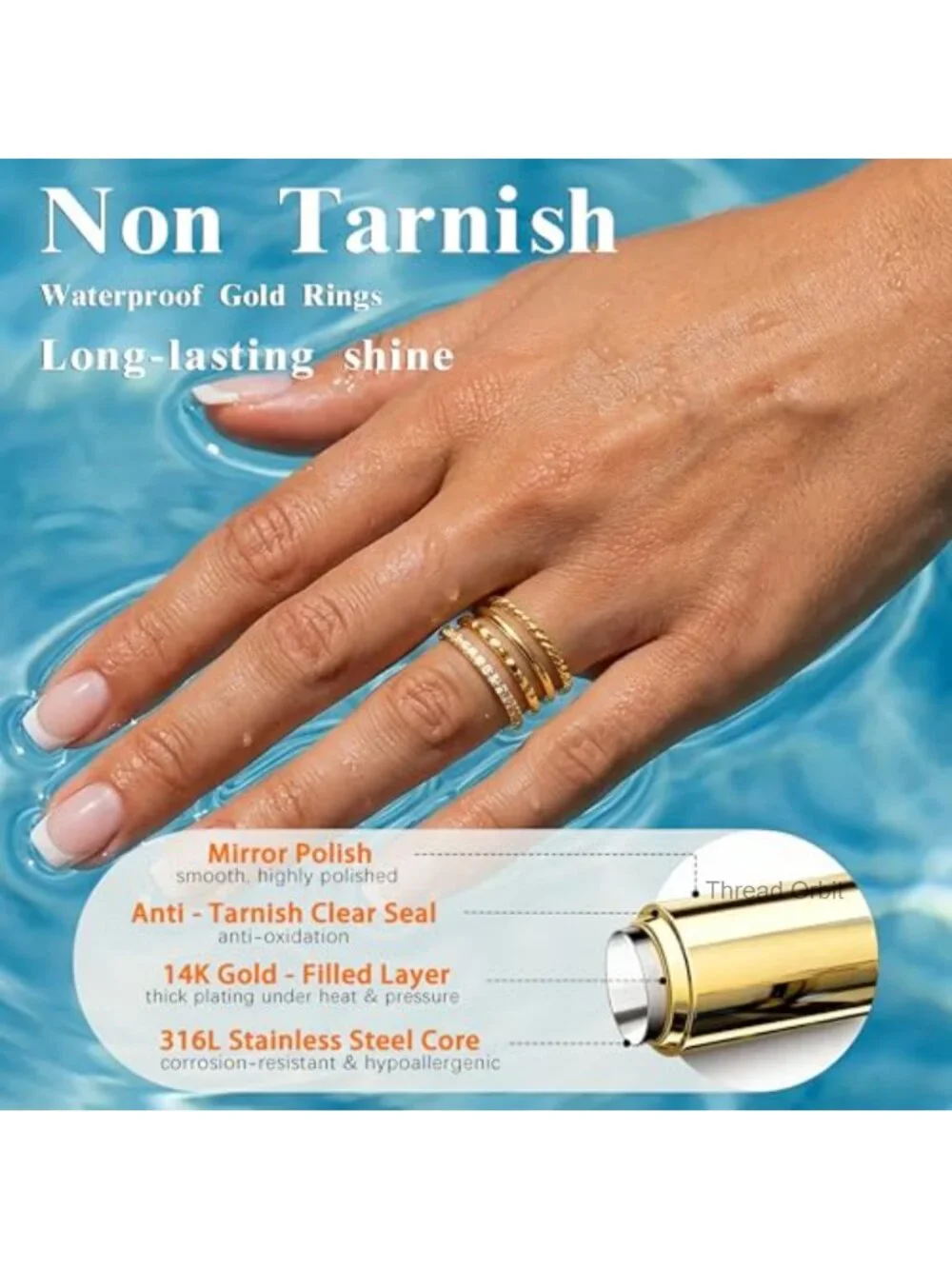 Dainty 14K Gold Plated Stackable CZ Wedding Band Ring Set, Non Tarnish
